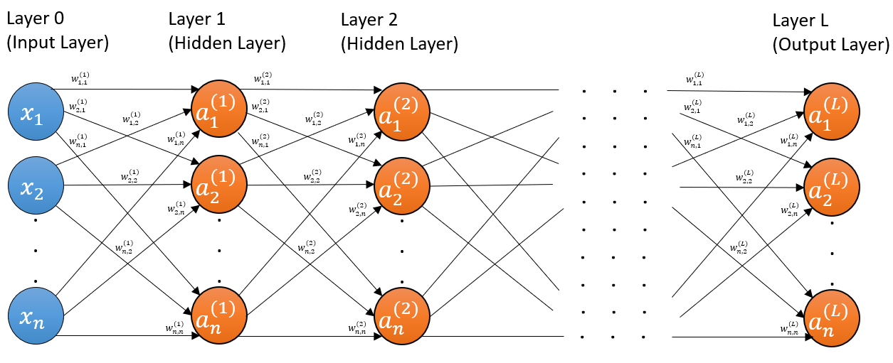 A generalized depiction of a fully connected standard feedforward neural network, also ambiguously referred to as a multilayer perceptron. It is fully connected because each unit is connected to all units in the next layer. It is feedforward because all the connections are moving only forward, e.g. there are no loops.